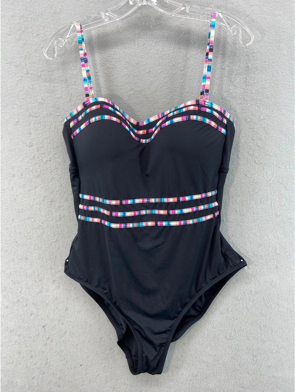 Girls Black One-Piece Swimsuit with Multicolor Stripe Trim